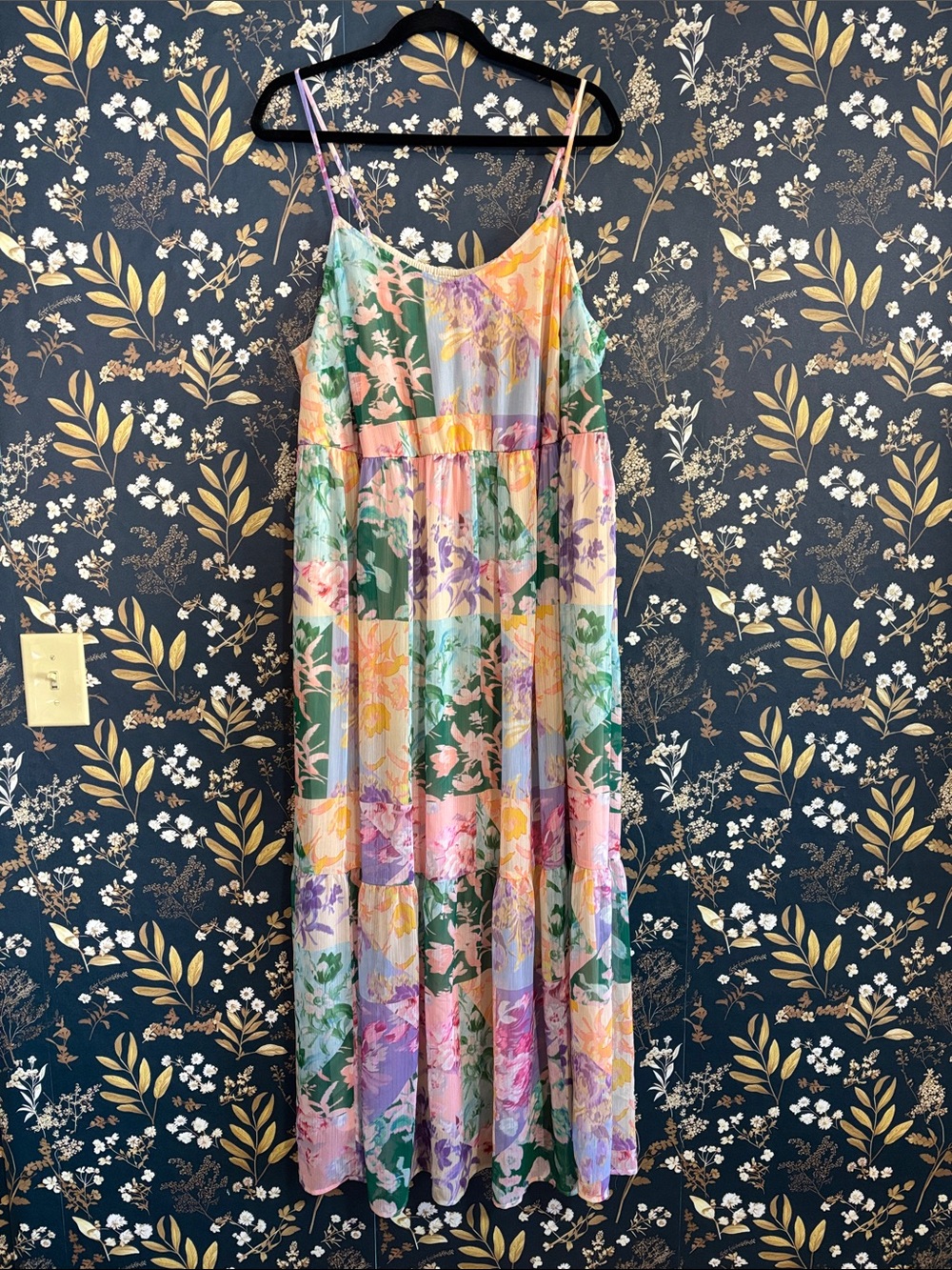 Lane Bryant Pink and Green Spaghetti Strap Maxi Sundress Tiered Floral Size 16